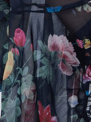 Women's V-Neck Floral Print Patchwork Ruffled Chiffon Long Sleeve Cropped Blouse