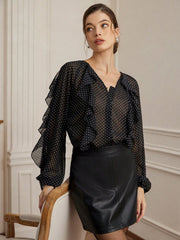 Elegant Vintage Polka Dot Textured Chiffon Ruffle Puff Sleeve Loose Blouse