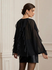Elegant Vintage Polka Dot Textured Chiffon Ruffle Puff Sleeve Loose Blouse