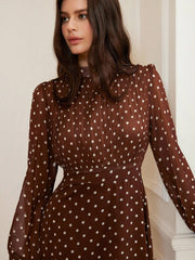 Vintage Elegant High Waist Chiffon Pleated Front Long Sleeve Dress