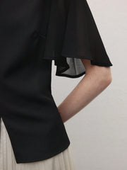 Women's Elegant Casual Work Date Commuter Vacation Wedding Season Easter Black Round Neck Ruffle Sleeve Chiffon Patchwork Short Sleeve Blouse