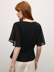 Women's Elegant Casual Work Date Commuter Vacation Wedding Season Easter Black Round Neck Ruffle Sleeve Chiffon Patchwork Short Sleeve Blouse