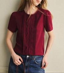 French-Style Round Neck Blouse With Lace Trim and Wavy Embroidery