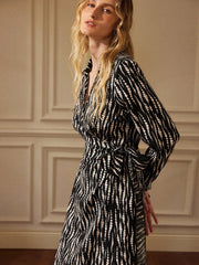 French Retro Casual Asymmetrical Polka Dot Print Cross V-Neck Cinched Waist Side Tie Slit Black Dress