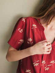 V-Neck Short-Sleeve Floral Embroidery Summer Shirt