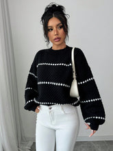 Loose Striped Print Crew Neck Casual Long Sleeve Women Sweater Knit Pullover