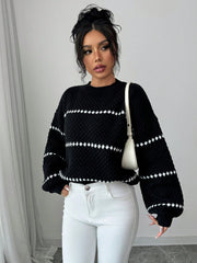 Loose Striped Print Crew Neck Casual Long Sleeve Women Sweater Knit Pullover