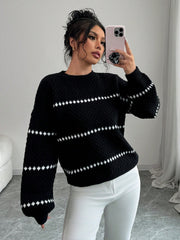 Loose Striped Print Crew Neck Casual Long Sleeve Women Sweater Knit Pullover