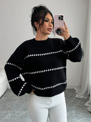 Loose Striped Print Crew Neck Casual Long Sleeve Women Sweater Knit Pullover