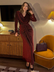 Women's Autumn/Winter Ruffle Neck Long Sleeve Shiny Ruched Fitted Long Dress