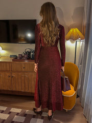 Women's Autumn/Winter Ruffle Neck Long Sleeve Shiny Ruched Fitted Long Dress