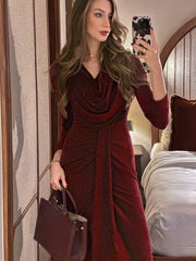 Women's Autumn/Winter Ruffle Neck Long Sleeve Shiny Ruched Fitted Long Dress