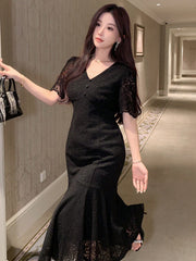 Shein DAZY Women's V-Neck Solid Color Ruffled Hem Fish Tail Elegant Sleeveless Short Homecoming Dress