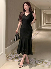 Shein DAZY Women's V-Neck Solid Color Ruffled Hem Fish Tail Elegant Sleeveless Short Homecoming Dress