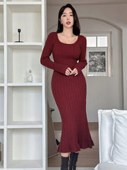 1pc Women Casual Solid Color Fitted Cable Knit Sweater Dress