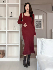 1pc Women Casual Solid Color Fitted Cable Knit Sweater Dress