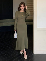 1pc Women's Solid Color Crew Neck Long Sleeve Button Half-Placket Sweater Dress