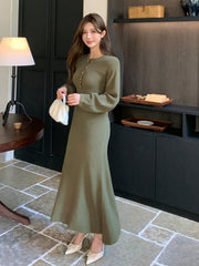 1pc Women's Solid Color Crew Neck Long Sleeve Button Half-Placket Sweater Dress
