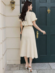 2pcs Set: Solid Puff Sleeve Crew Neck Top And High Waist Fish Tail Skirt