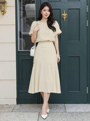 2pcs Set: Solid Puff Sleeve Crew Neck Top And High Waist Fish Tail Skirt