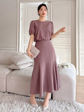 2pcs Women Solid Color Puff Sleeve Shirt And Skirt Set