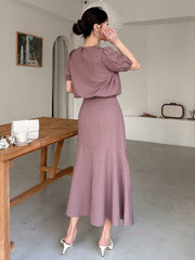 2pcs Women Solid Color Puff Sleeve Shirt And Skirt Set