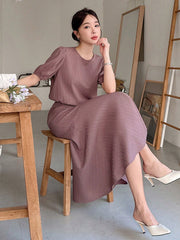 2pcs Women Solid Color Puff Sleeve Shirt And Skirt Set