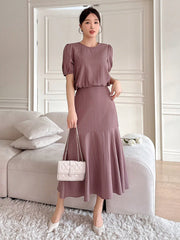 2pcs Women Solid Color Puff Sleeve Shirt And Skirt Set