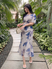 Asymmetric Floral Print Lantern Sleeve Fish Tail Ruffle Hem Midi Dress