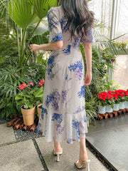 Asymmetric Floral Print Lantern Sleeve Fish Tail Ruffle Hem Midi Dress