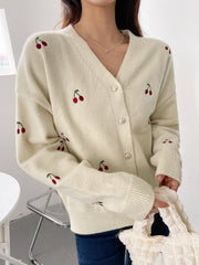 Cherry Embroidery Drop Shoulder Cardigan
