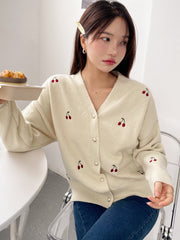 Cherry Embroidery Drop Shoulder Cardigan