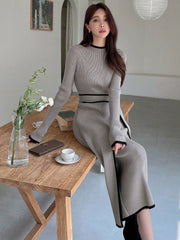 Contrast Binding Belted Sweater Dress