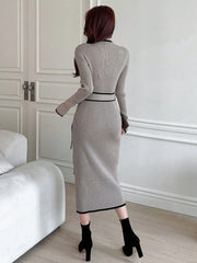 Contrast Binding Belted Sweater Dress