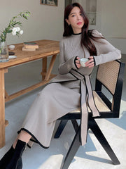 Contrast Binding Belted Sweater Dress