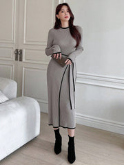 Contrast Binding Belted Sweater Dress