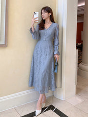 French Lace V-Neck Waisted High-End Slim Fit Midi Dress