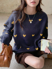 Heart Flowers Intarsia Pattern Loose Round Neck Women Sweater