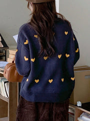 Heart Flowers Intarsia Pattern Loose Round Neck Women Sweater