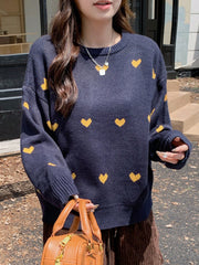 Heart Flowers Intarsia Pattern Loose Round Neck Women Sweater