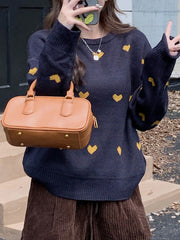 Heart Flowers Intarsia Pattern Loose Round Neck Women Sweater