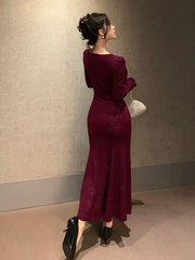 Round Neck Sequin Fishtail Mid-Length Burgundy Party Dress
