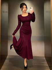 Round Neck Sequin Fishtail Mid-Length Burgundy Party Dress