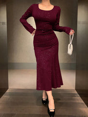 Round Neck Sequin Fishtail Mid-Length Burgundy Party Dress