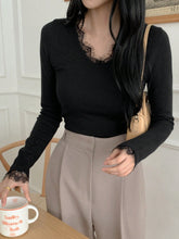 Solid Color Contrast Lace Trim V-Neck Slim Fit Women's Sweater