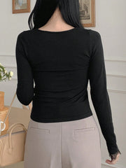 Solid Color Contrast Lace Trim V-Neck Slim Fit Women's Sweater