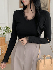 Solid Color Contrast Lace Trim V-Neck Slim Fit Women's Sweater