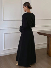 Solid Color Fitted V-Neck Long Sleeve Waist Cinched Elegant Dress