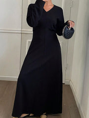 Solid Color Fitted V-Neck Long Sleeve Waist Cinched Elegant Dress