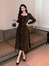 Solid Color Square Neck Button Front Mid-Length Dress